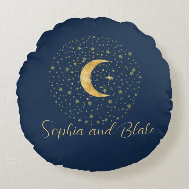 Crescent Moon Starry Night Rundes Kissen (Vorderseite)