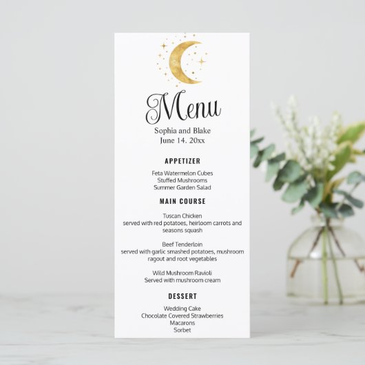 Crescent Moon Starry Night Wedding Flat Menu Menükarte (Stehend Vorderseite)