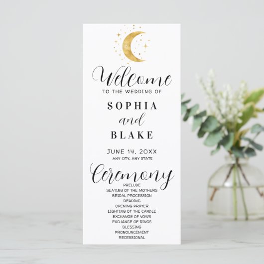 Crescent Moon Starry Night White Wedding Programm (Stehend Vorderseite)