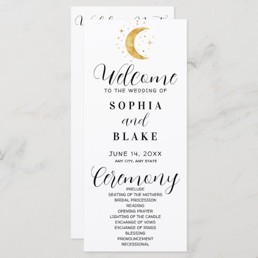 Crescent Moon Starry Night White Wedding Programm (Vorne/Hinten)