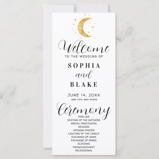 Crescent Moon Starry Night White Wedding Programm (Vorderseite)