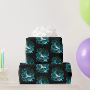 Crescent Moon Stars Celestial Black Halloween Geschenkpapier