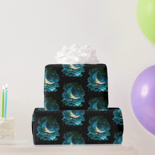 Crescent Moon Stars Celestial Black Halloween Geschenkpapier (Partygeschenke)