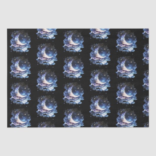 Crescent Moon Stars Celestial Black Halloween Seidenpapier (Vorderseite)