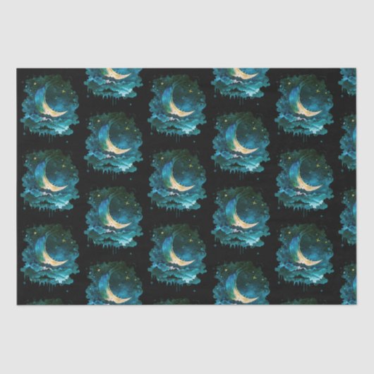 Crescent Moon Stars Celestial Black Halloween Seidenpapier (Vorderseite)