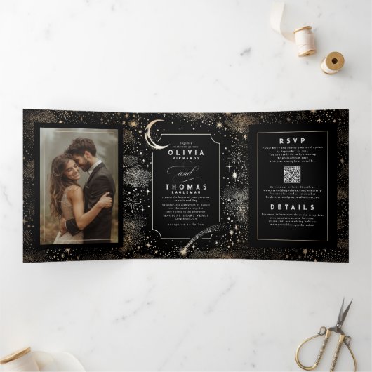 Crescent Moon Stars Celestial Black Wedding Foto Dreifach Gefaltete Einladung (Innenseite)
