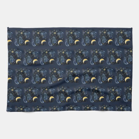 Crescent Moon Stars Celestial Blue Halloween Geschirrtuch (Horizontal)