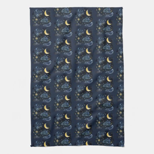 Crescent Moon Stars Celestial Blue Halloween Geschirrtuch (Vertikal)