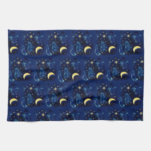 Crescent Moon Stars Celestial Blue Halloween Geschirrtuch (Horizontal)