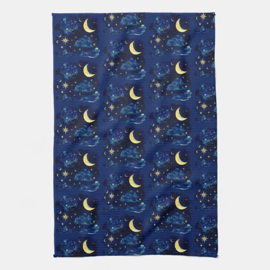 Crescent Moon Stars Celestial Blue Halloween Geschirrtuch (Vertikal)