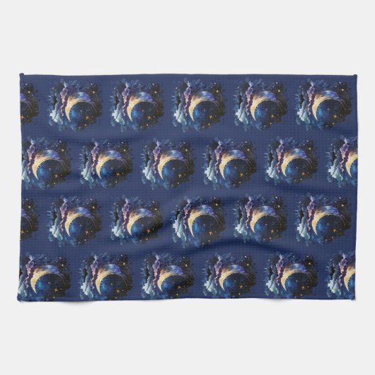 Crescent Moon Stars Celestial Blue Halloween Geschirrtuch (Horizontal)