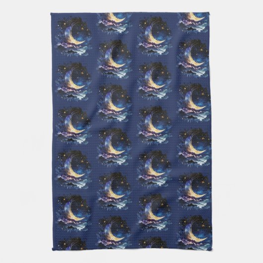 Crescent Moon Stars Celestial Blue Halloween Geschirrtuch (Vertikal)