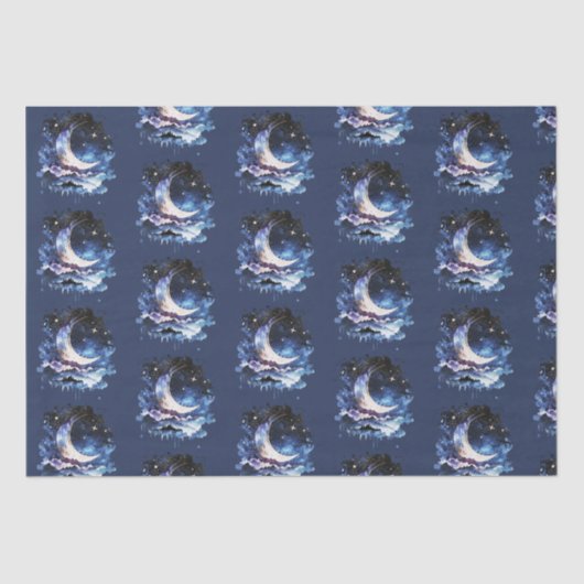Crescent Moon Stars Celestial Blue Halloween Seidenpapier (Vorderseite)
