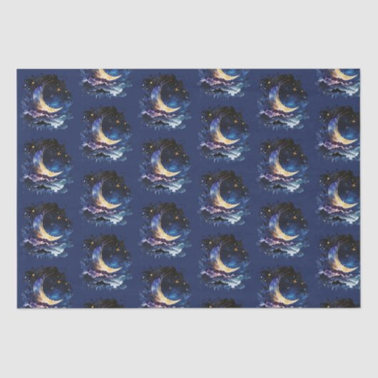 Crescent Moon Stars Celestial Blue Halloween Seidenpapier (Vorderseite)