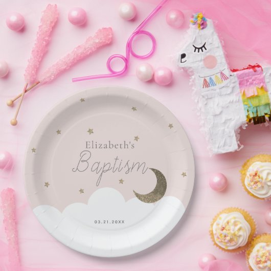 Crescent Moon & Stars Light Pink Girl Taufe Pappteller (Party)