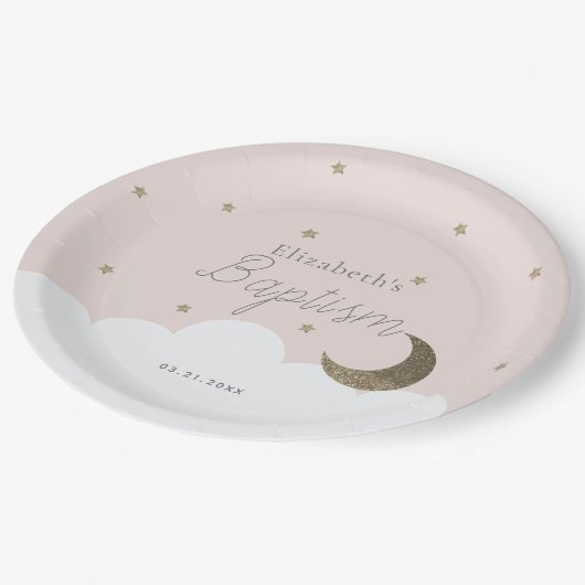 Crescent Moon & Stars Light Pink Girl Taufe Pappteller (Schrägansicht)