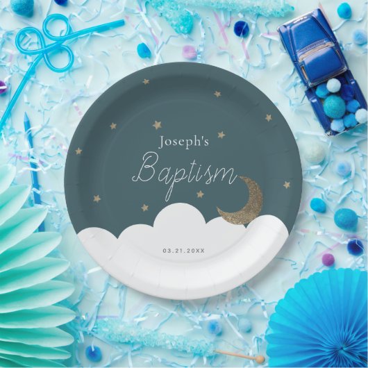 Crescent Moon & Stars Navy Blue Taufpapier Pappteller (Party)