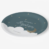 Crescent Moon & Stars Navy Blue Taufpapier Pappteller (Schrägansicht)