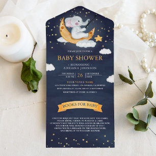 Crescent Moon Sterne Navy Blau Elefant Baby Shower All In One Einladung