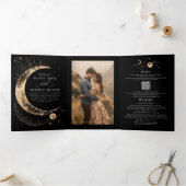 Crescent Moon Sun Halo Celestial Wedding Foto Dreifach Gefaltete Einladung (Innenseite)