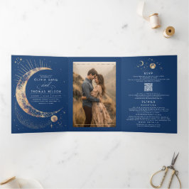 Crescent Moon Sun Halo Celestial Wedding Foto Dreifach Gefaltete Einladung