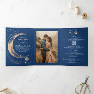 Crescent Moon Sun Halo Celestial Wedding Foto Dreifach Gefaltete Einladung