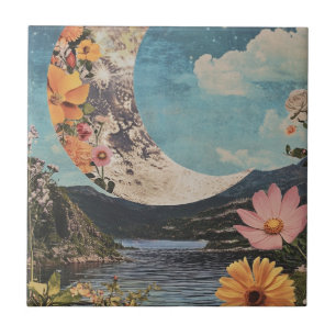 Crescent Moon über serene Landschaft Fliese