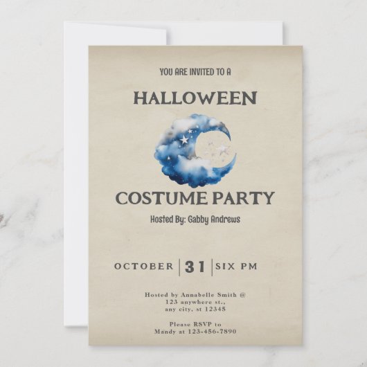 Crescent Moon Wolken und Sterne Vintag Halloween Einladung (Vorderseite)