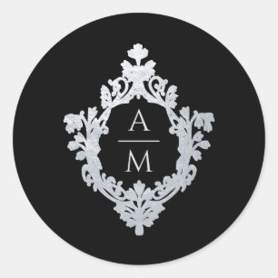 Crest Black Faux Silber Vintage Hochzeitsmonogramm Runder Aufkleber