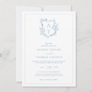 Crest Dusty Blue Monogram QR-Code Hochzeit Einladung