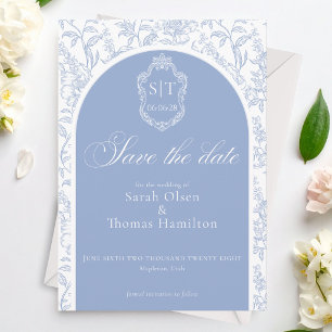 Crest Monogram Blau Chinoiserie Floral Schriftzug Save The Date