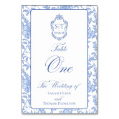 Crest Monogram Blaues Blumen-Script Eins Tischnummer (Vorderseite)