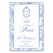 Crest Monogram Blaues Blumen-Script Vier Tischnummer (Vorderseite)