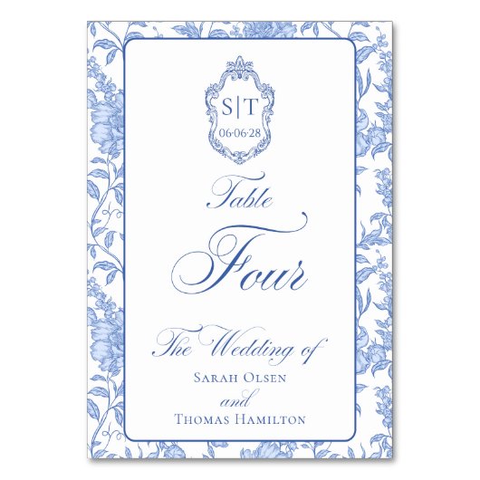 Crest Monogram Blaues Blumen-Script Vier Tischnummer (Vorderseite)