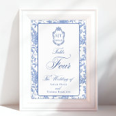 Crest Monogram Blaues Blumen-Script Vier Tischnummer