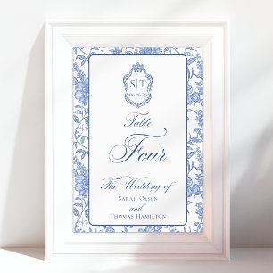 Crest Monogram Blaues Blumen-Script Vier Tischnummer
