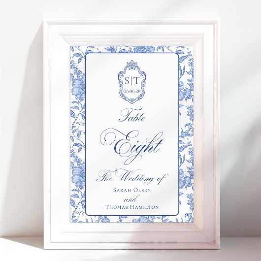 Crest Monogram Blaues Florales Skript Acht Tischnummer