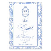 Crest Monogram Blaues Florales Skript Acht Tischnummer (Vorderseite)