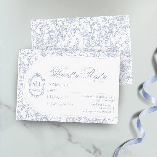 Crest Monogram Blue and White Floral Script RSVP Karte