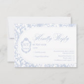 Crest Monogram Blue and White Floral Script RSVP Karte (Vorderseite)
