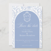 Crest Monogram Blue Chinoiserie Floral Script Save The Date (Vorderseite)
