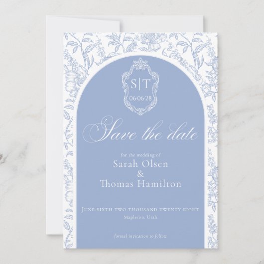 Crest Monogram Blue Chinoiserie Floral Script Save The Date (Vorderseite)