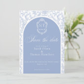 Crest Monogram Blue Chinoiserie Floral Script Save The Date (Stehend Vorderseite)