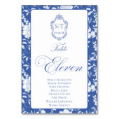 Crest Monogram Blue Floral Script Eleven 8 Names Tischnummer (Vorderseite)