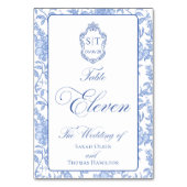 Crest Monogram Blue Floral Script Eleven Tischnummer (Vorderseite)