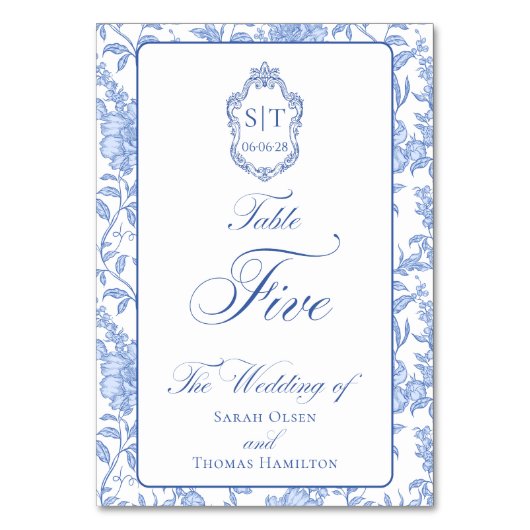 Crest Monogram Blue Floral Script Five Tischnummer (Vorderseite)