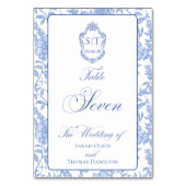 Crest Monogram Blue Floral Script Seven Tischnummer (Vorderseite)