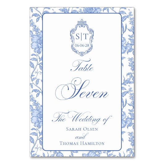 Crest Monogram Blue Floral Script Seven Tischnummer (Vorderseite)