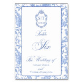 Crest Monogram Blue Floral Script Six Tischnummer (Vorderseite)