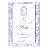 Crest Monogram Blue Floral Script TEN Tischnummer (Vorderseite)